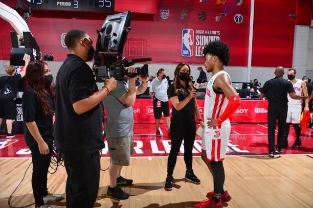 Sharife Cooper of the Atlanta Hawks gives halftime interview during the game against the Philadelphia 76ers during the 2021 Las Vegas Summer League...