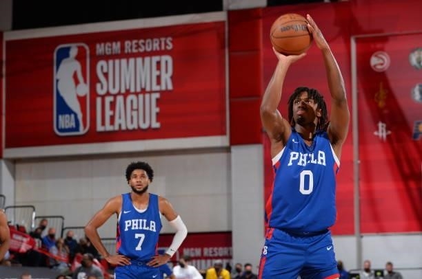 Tyrese Maxey of the Philadelphia 76ers shoots a free throw during the game against the Atlanta Hawks during the 2021 Las Vegas Summer League on...