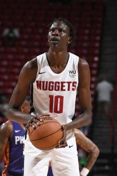 Bol Bol of the Denver Nuggets shoots a free throw against the Phoenix Suns during the 2021 Las Vegas Summer League on August 12, 2021 at the Thomas &...