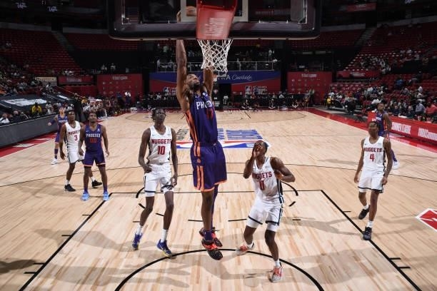 Kyle Alexander of the Phoenix Suns dunks the ball against the Denver Nuggets during the 2021 Las Vegas Summer League on August 12, 2021 at the Thomas...