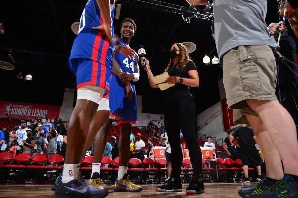 Tyrese Maxey of the Philadelphia 76ers and Paul Reed of the Philadelphia 76ers give interview after the game against the Atlanta Hawks during the...