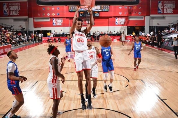 Lawson of the Atlanta Hawks dunks during the game against the Philadelphia 76ers during the 2021 Las Vegas Summer League on August 12, 2021 at the...
