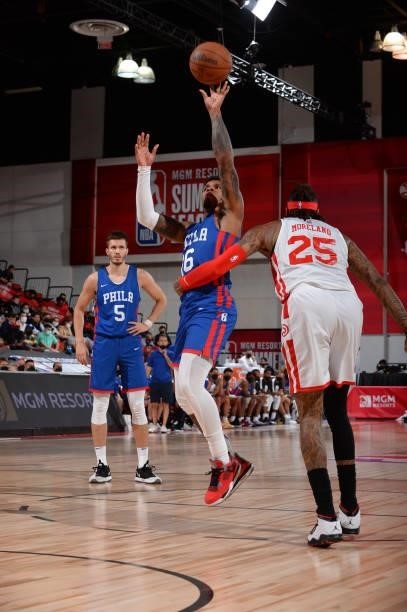 Lamar Peters of the Philadelphia 76ers shoots the ball during the game against the Atlanta Hawks during the 2021 Las Vegas Summer League on August...