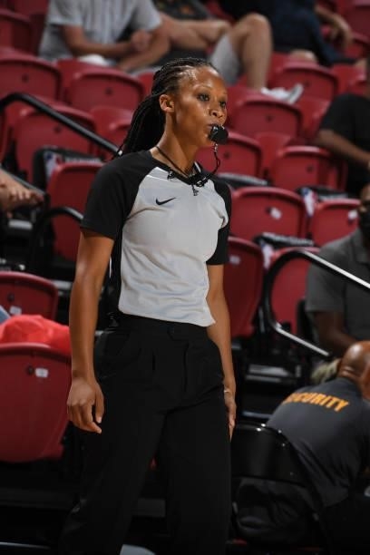 Referee, Chastity Taylor looks on during the game between the Chicago Bulls and the Minnesota Timberwolves during the 2021 Las Vegas Summer League on...