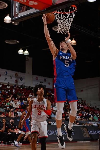 Filip Petrusev of the Philadelphia 76ers drives to the basket during the game against the Atlanta Hawks during the 2021 Las Vegas Summer League on...