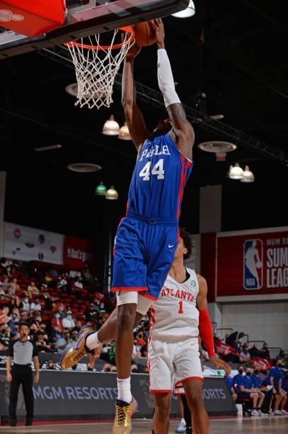 Paul Reed of the Philadelphia 76ers dunks during the game against the Atlanta Hawks during the 2021 Las Vegas Summer League on August 12, 2021 at the...
