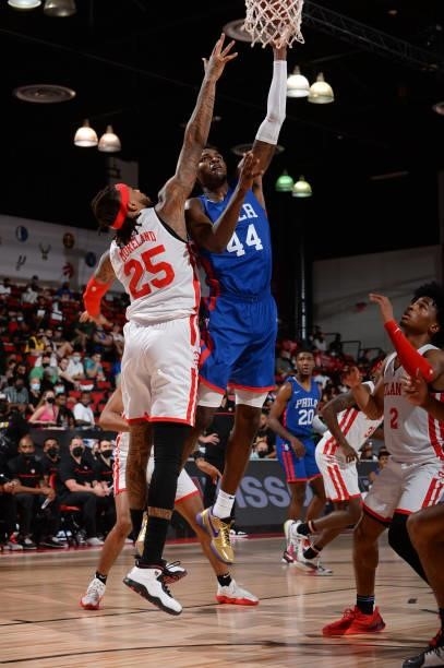 Paul Reed of the Philadelphia 76ers shoots the ball during the game against the Atlanta Hawks during the 2021 Las Vegas Summer League on August 12,...