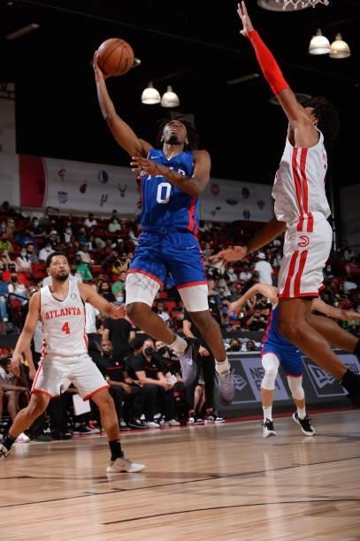 Tyrese Maxey of the Philadelphia 76ers drives to the basket during the game against the Atlanta Hawks during the 2021 Las Vegas Summer League on...