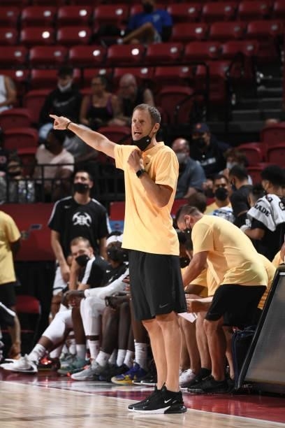 Head Coach, Charles Klask of the Denver Nuggets coaches during the game against the Phoenix Suns during the 2021 Las Vegas Summer League on August...