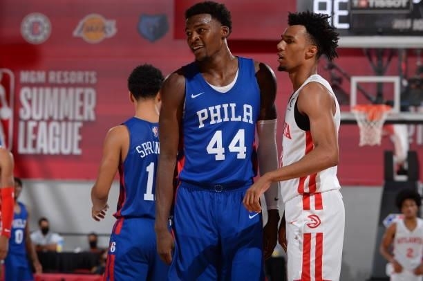 Paul Reed of the Philadelphia 76ers smiles during the game against the Atlanta Hawks during the 2021 Las Vegas Summer League on August 12, 2021 at...