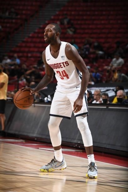 Davon Reed of the Denver Nuggets handles the ball during the game against the Phoenix Suns during the 2021 Las Vegas Summer League on August 12, 2021...