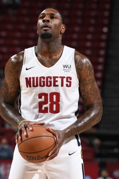 Tarik Black of the Denver Nuggets looks to shoot a free throw against the Phoenix Suns during the 2021 Las Vegas Summer League on August 12, 2021 at...