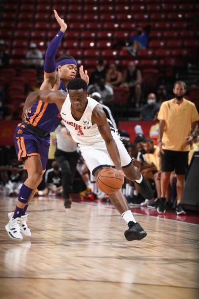 Caleb Agada of the Denver Nuggets dribbles the ball against the Phoenix Suns during the 2021 Las Vegas Summer League on August 12, 2021 at the Thomas...