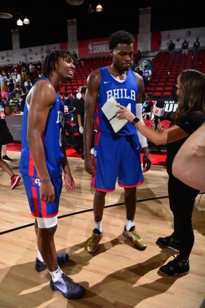 Tyrese Maxey of the Philadelphia 76ers and Paul Reed of the Philadelphia 76ers give interview after the game against the Atlanta Hawks during the...