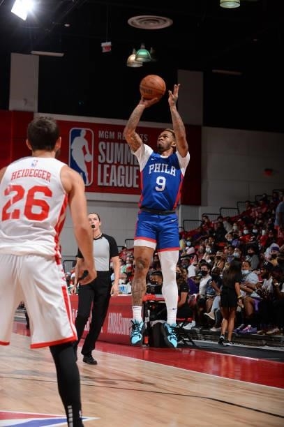 Rayjon Tucker of the Philadelphia 76ers shoots the ball during the game against the Atlanta Hawks during the 2021 Las Vegas Summer League on August...