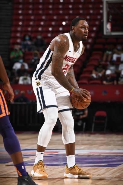Tarik Black of the Denver Nuggets handles the ball against the Phoenix Suns during the 2021 Las Vegas Summer League on August 12, 2021 at the Thomas...