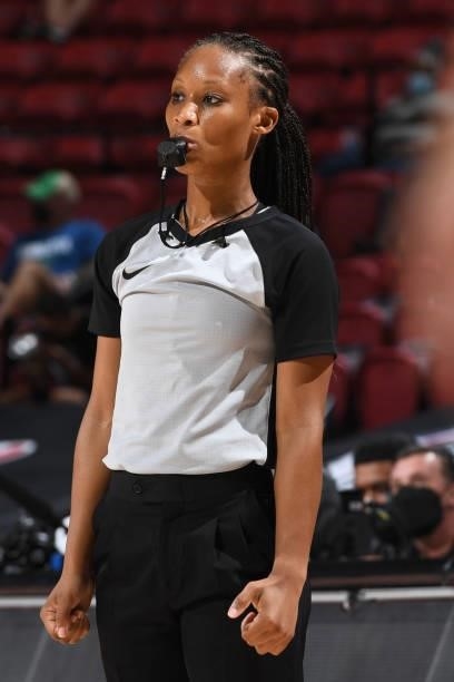 Referee, Chastity Taylor looks on during the game between the Chicago Bulls and the Minnesota Timberwolves during the 2021 Las Vegas Summer League on...