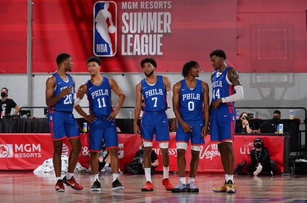 The Philadelphia 76ers talk during the game against the Atlanta Hawks during the 2021 Las Vegas Summer League on August 12, 2021 at the Cox Pavilion...
