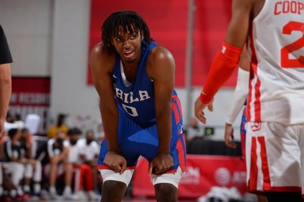 Tyrese Maxey of the Philadelphia 76ers smiles during the game against the Atlanta Hawks during the 2021 Las Vegas Summer League on August 12, 2021 at...