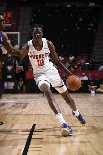 Bol Bol of the Denver Nuggets dribbles the ball during the game against the Phoenix Suns during the 2021 Las Vegas Summer League on August 12, 2021...
