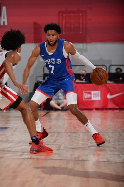 Isaiah Joe of the Philadelphia 76ers dribbles during the game against the Atlanta Hawks during the 2021 Las Vegas Summer League on August 12, 2021 at...
