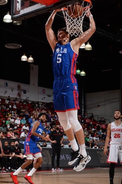 Filip Petrusev of the Philadelphia 76ers dunks during the game against the Atlanta Hawks during the 2021 Las Vegas Summer League on August 12, 2021...