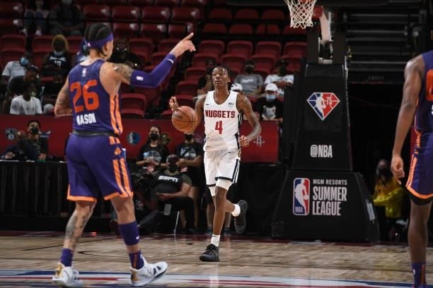 Nah'Shon Hyland of the Denver Nuggets dribbles the ball during the game against the Phoenix Suns during the 2021 Las Vegas Summer League on August...