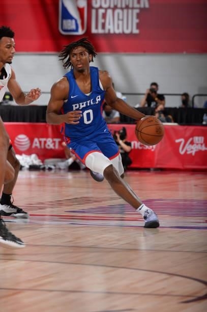 Tyrese Maxey of the Philadelphia 76ers dribbles during the game against the Atlanta Hawks during the 2021 Las Vegas Summer League on August 12, 2021...
