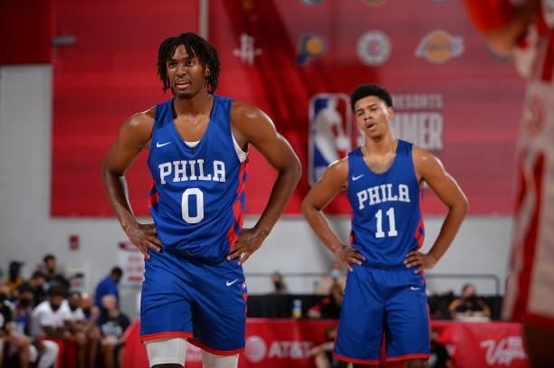 Tyrese Maxey of the Philadelphia 76ers and Jaden Springer of the Philadelphia 76ers looks on during the game against the Atlanta Hawks during the...