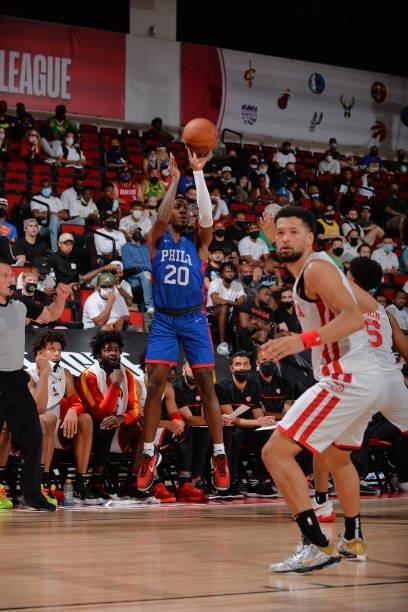 Aaron Henry of the Philadelphia 76ers shoots the ball during the game against the Atlanta Hawks during the 2021 Las Vegas Summer League on August 12,...