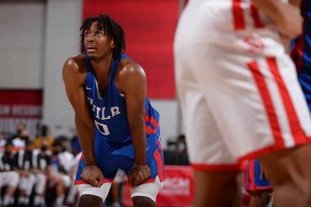 Tyrese Maxey of the Philadelphia 76ers looks on during the game against the Atlanta Hawks during the 2021 Las Vegas Summer League on August 12, 2021...