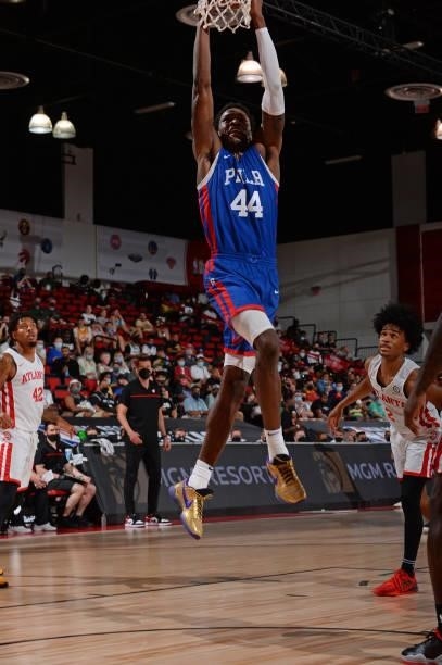 Paul Reed of the Philadelphia 76ers dunks during the game against the Atlanta Hawks during the 2021 Las Vegas Summer League on August 12, 2021 at the...
