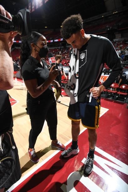 Angel Gray interviews Chris Duarte of the Indiana Pacers during the 2021 Las Vegas Summer League on August 9, 2021 at the Thomas & Mack Center in Las...