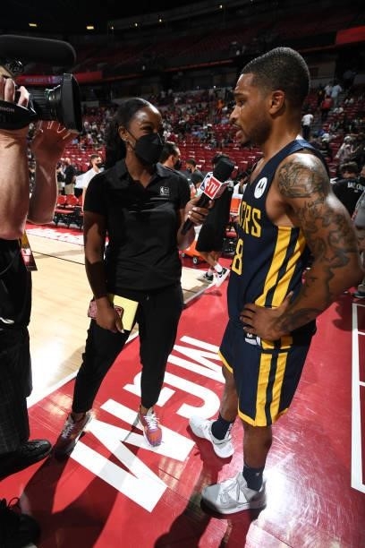 Angel Gray interviews Keifer Sykes of the Indiana Pacers during the 2021 Las Vegas Summer League on August 9, 2021 at the Thomas & Mack Center in Las...