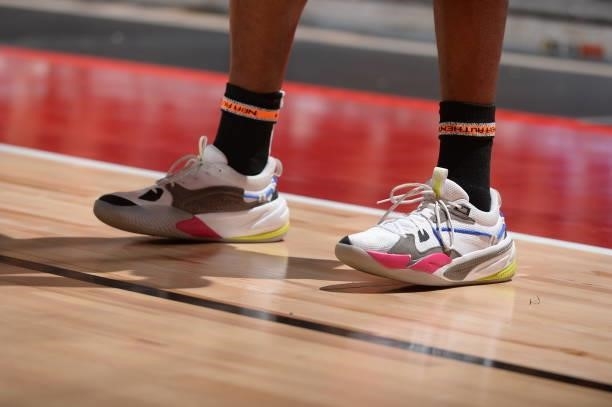 The sneakers worn by Nahziah Carter of the Atlanta Hawks during the game against the Philadelphia 76ers during the 2021 Las Vegas Summer League on...