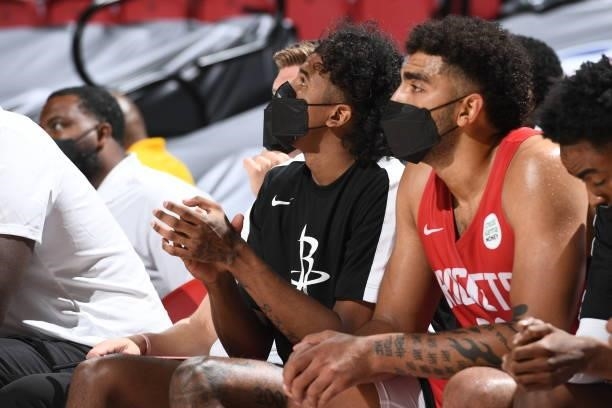 Jalen Green of the Houston Rockets looks up during the game against the Toronto Raptors during the 2021 Las Vegas Summer League on August 12, 2021 at...
