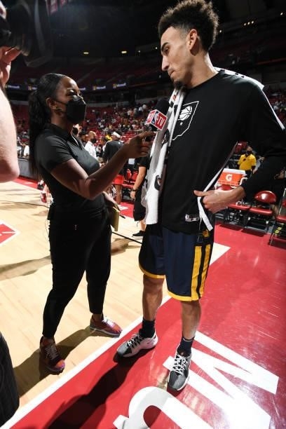 Angel Gray interviews Chris Duarte of the Indiana Pacers during the 2021 Las Vegas Summer League on August 9, 2021 at the Thomas & Mack Center in Las...