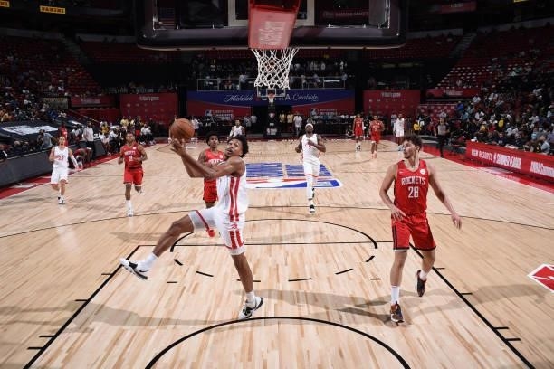 Scottie Barnes of the Toronto Raptors drives to the basket against the Houston Rockets during the 2021 Las Vegas Summer League on August 12, 2021 at...