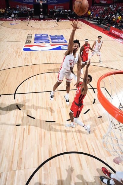 Scottie Barnes of the Toronto Raptors shoots the ball against the Houston Rockets during the 2021 Las Vegas Summer League on August 12, 2021 at the...