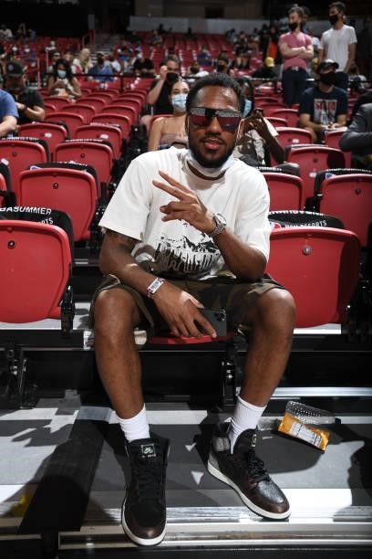 Monte Morris of the Denver Nuggets attends the game between the Denver Nuggets and the Phoenix Suns during the 2021 Las Vegas Summer League on August...