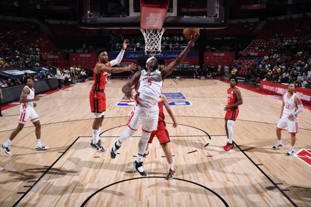 Precious Achiuwa of the Toronto Raptors drives to the basket against the Houston Rockets during the 2021 Las Vegas Summer League on August 12, 2021...