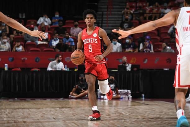 Josh Christopher of the Houston Rockets dribbles the ball during the game against the Toronto Raptors during the 2021 Las Vegas Summer League on...