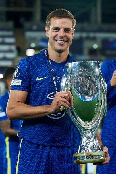 Cesar Azpilicueta of Chelsea poses with the trophy after winning with his team the UEFA Super Cup Final match between Chelsea CF and Villarreal CF at...