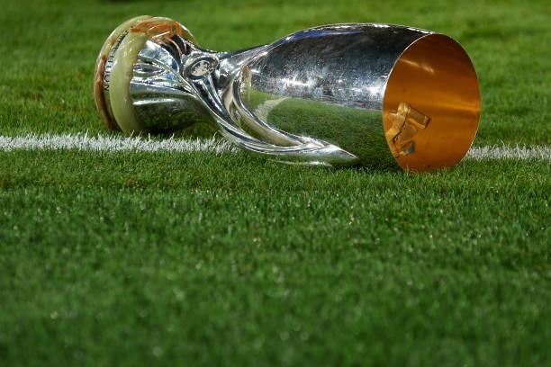 The trophy on the pitch after the UEFA Super Cup Final match between Chelsea CF and Villarreal CF at Windsor Park on August 11, 2021 in Belfast,...