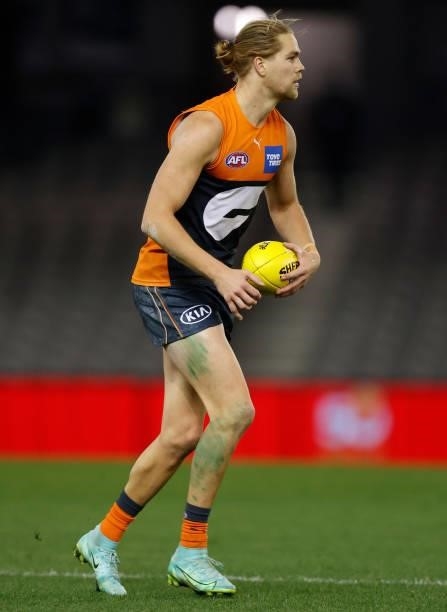 Harry Himmelberg of the Giants in action during the 2021 AFL Round 22 match between the GWS Giants and the Richmond Tigers at Marvel Stadium on...