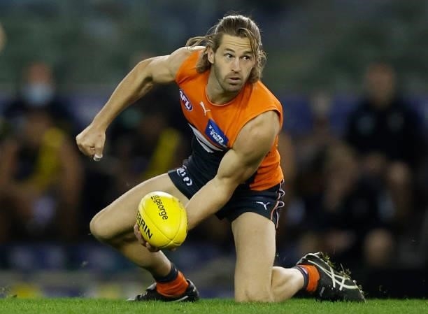 Callan Ward of the Giants in action during the 2021 AFL Round 22 match between the GWS Giants and the Richmond Tigers at Marvel Stadium on August 13,...