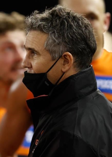 Leon Cameron, Senior Coach of the Giants addresses his players during the 2021 AFL Round 22 match between the GWS Giants and the Richmond Tigers at...