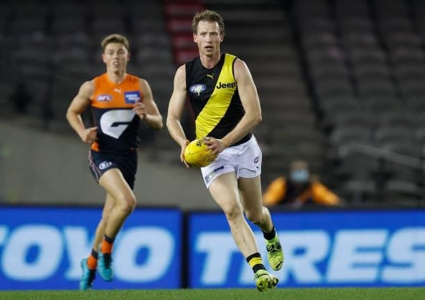 Dylan Grimes of the Tigers in action during the 2021 AFL Round 22 match between the GWS Giants and the Richmond Tigers at Marvel Stadium on August...