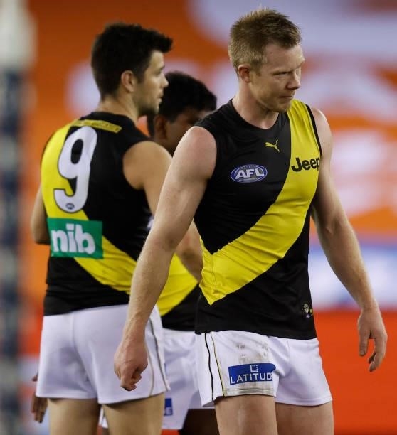 Jack Riewoldt of the Tigers looks dejected after a loss during the 2021 AFL Round 22 match between the GWS Giants and the Richmond Tigers at Marvel...