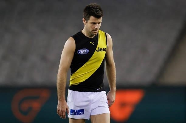 Trent Cotchin of the Tigers looks dejected after a loss during the 2021 AFL Round 22 match between the GWS Giants and the Richmond Tigers at Marvel...